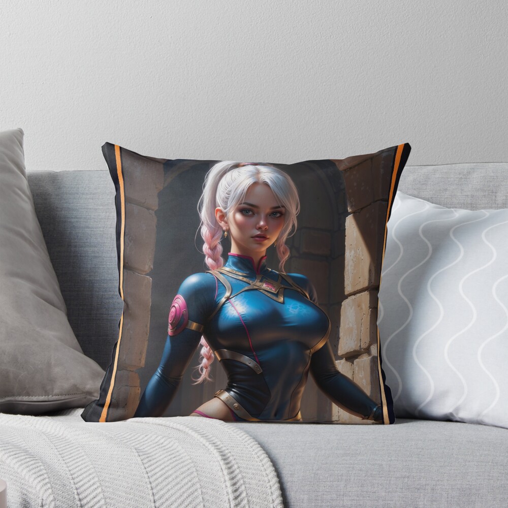 Portrait Of Vesuvia Slivius In The Ancient Ruins Of Aethalgard Striking AI Concept Art by Xzendor7 Decorative Art Print Throw Pillow
