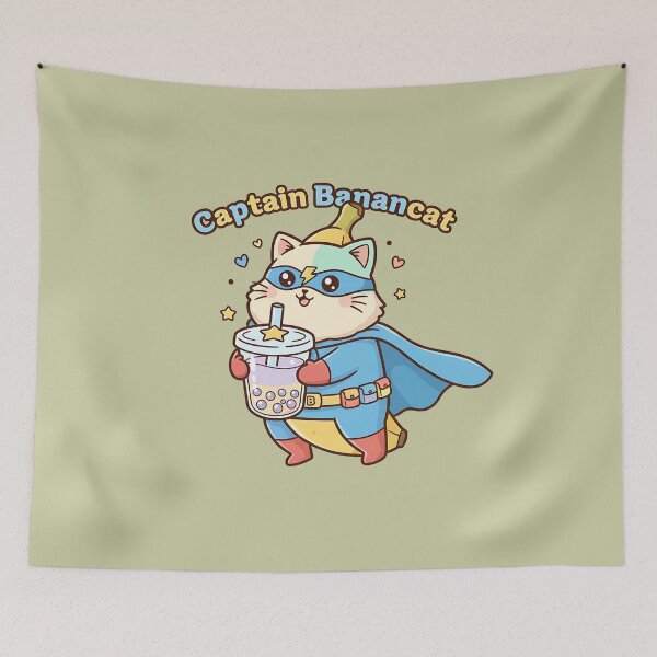 Item preview, Captain Banancat Superhero Cat with Bubble Tea designed and sold by PENLEAF DESIGNS.