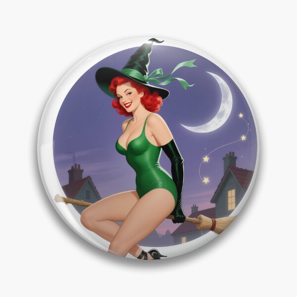 Item preview, Retro Halloween Witch Pin-Up – Moonlit Night Vintage Art designed and sold by Lightning-Lace.
