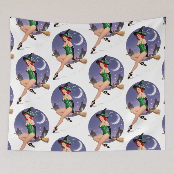 Item preview, Retro Halloween Witch Pin-Up – Moonlit Night Vintage Art designed and sold by Lightning-Lace.