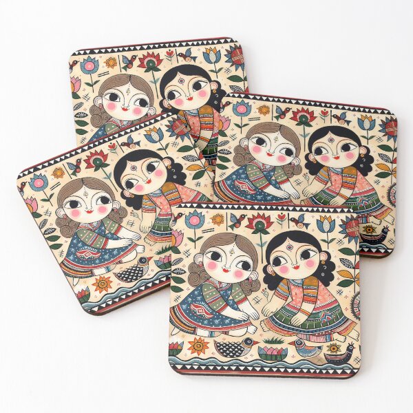 Item preview, Madhubani Inspired Folk Art – Girls Playing in Nature designed and sold by ShaktyVarnam.