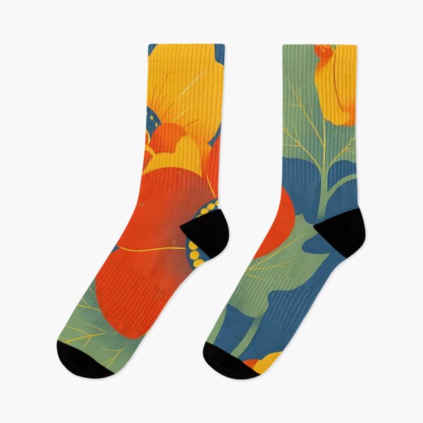 Item preview, Vivid Floral Illustration With Red and Yellow Blossoms on Deep Blue Background designed and sold by Rue Market.