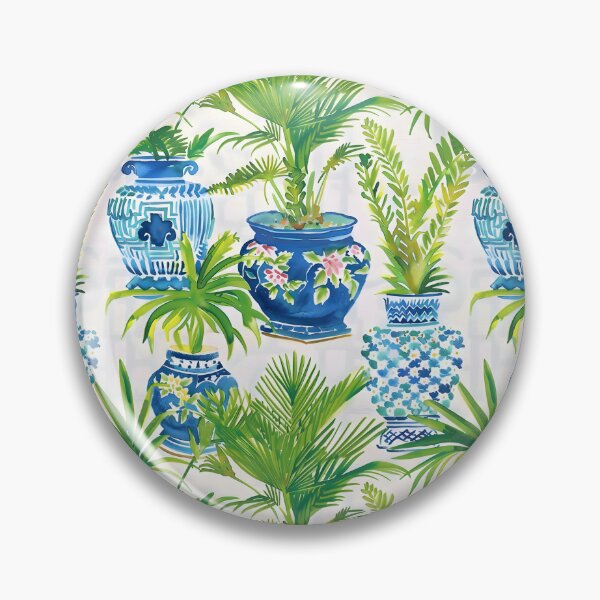 Item preview, Preppy palm trees in blue and white ginger jars watercolor designed and sold by SophieClimaArt.