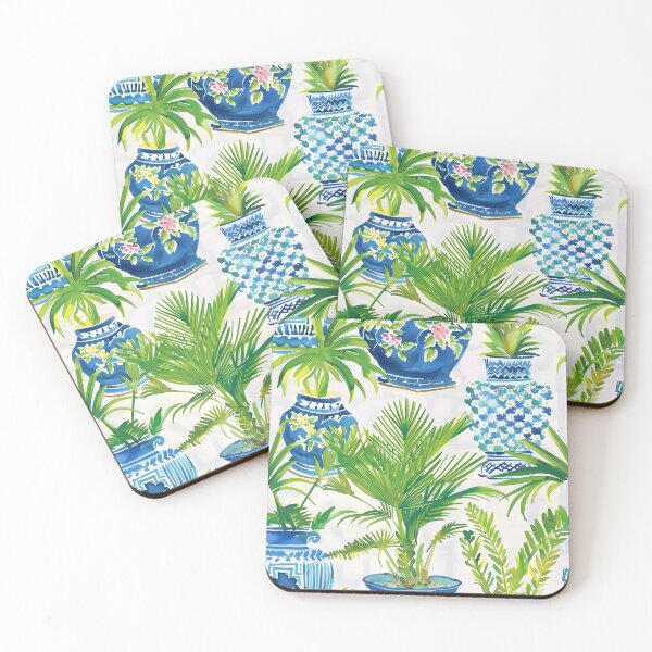 Item preview, Preppy palm trees in blue and white ginger jars watercolor designed and sold by SophieClimaArt.