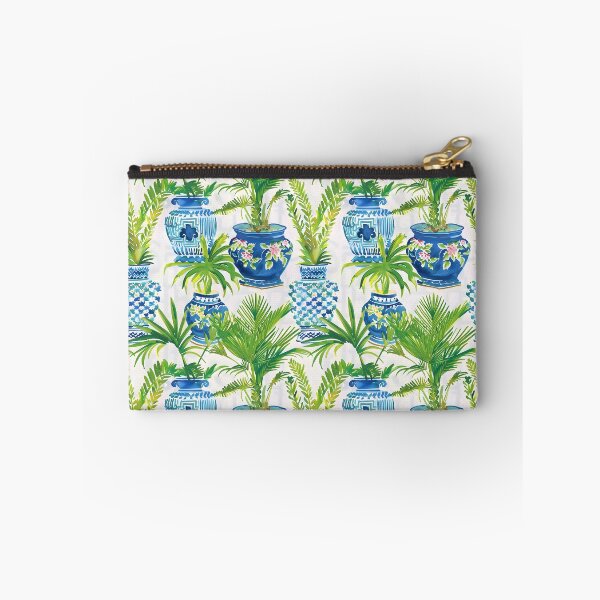 Item preview, Preppy palm trees in blue and white ginger jars watercolor designed and sold by SophieClimaArt.
