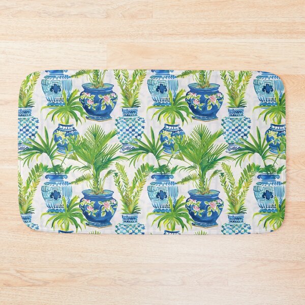 Item preview, Preppy palm trees in blue and white ginger jars watercolor designed and sold by SophieClimaArt.