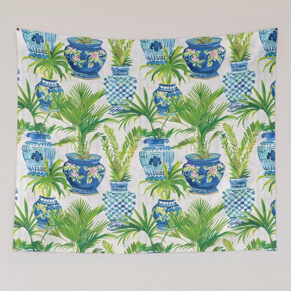 Item preview, Preppy palm trees in blue and white ginger jars watercolor designed and sold by SophieClimaArt.