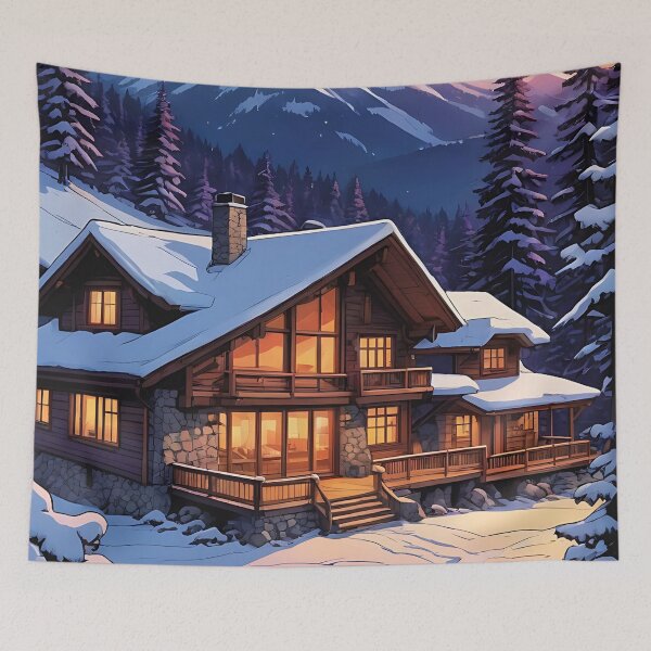 Item preview, A Cozy Lodge Amidst the Winter Sunset designed and sold by HorizonHues.