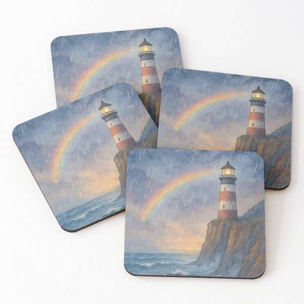 Item preview, Rainy Morning Rainbow Over the Lighthouse and Ocean Waves designed and sold by BreezyDawnDesigns.