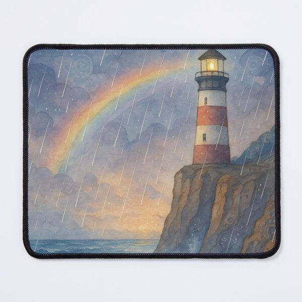 Item preview, Rainy Morning Rainbow Over the Lighthouse and Ocean Waves designed and sold by BreezyDawnDesigns.