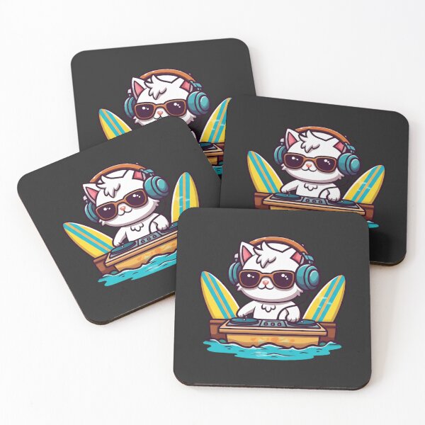 Item preview, DJ Beach Cat – Cute Chibi Cat with Sunglasses DJing on Surfboard Turntable | Funny Kawaii Summer Design designed and sold by ColorSplash123.