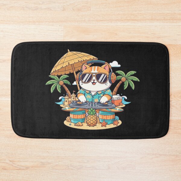 Item preview, DJ Beach Cat – Cute Chibi Cat with Sunglasses DJing on Surfboard Turntable | Funny Kawaii Summer Design designed and sold by ColorSplash123.
