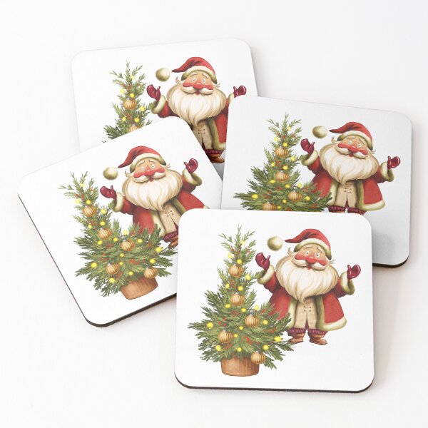Artikelvorschau, Fröhlicher Weihnachtsmann feiert neben einem wunderschön geschmückten Weihnachtsbaum mit Lichtern und Ornamenten entworfen und verkauft von Ms. Iryna.