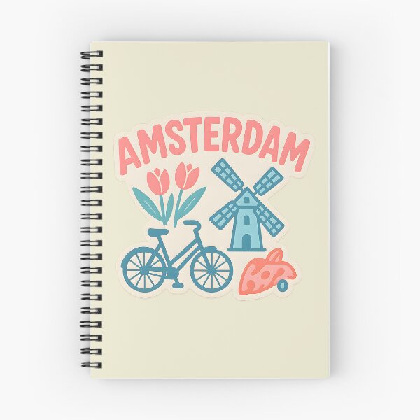 Aperçu de l'œuvre Voyage à Amsterdam – Illustration de tulipes, vélo, moulin à vent et fromage créée et vendue par NeatSplash.