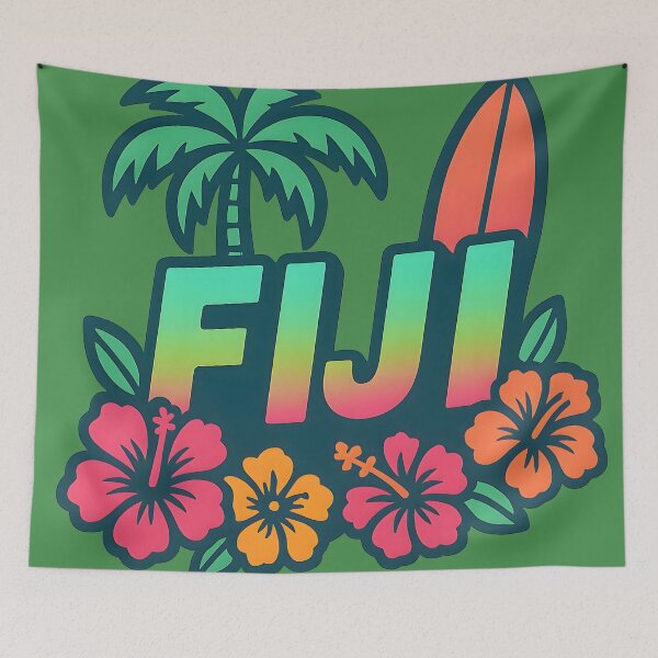 Item preview, Fiji Travel Design – Tropical Surfboard, Palm Tree, and Hibiscus Flowers Illustration designed and sold by NeatSplash.
