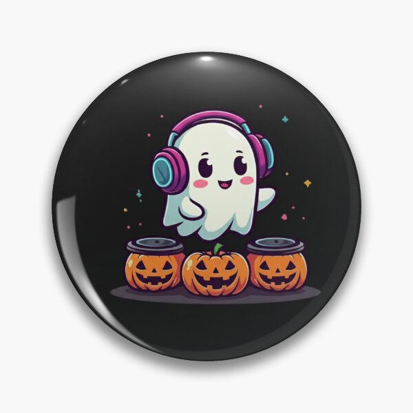 Artikelvorschau, DJ Ghost Party – Lustiger Chibi-Geist mit Neon-Kopfhörern | Süßes Kawaii Halloween DJ Design entworfen und verkauft von ColorSplash123.