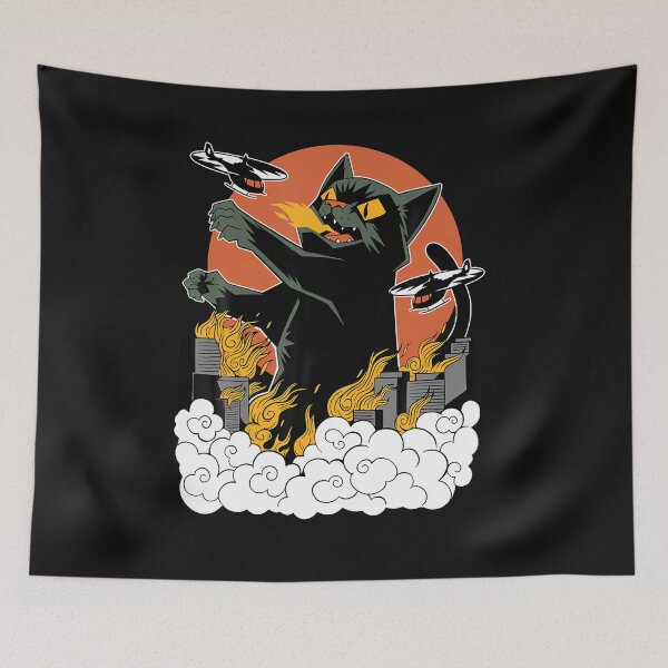 Item preview, Black Japanese Catzilla Sunset 	 - Classic Fit Crew Neck Cotton  Polyester Blend designed and sold by vanesajoer.