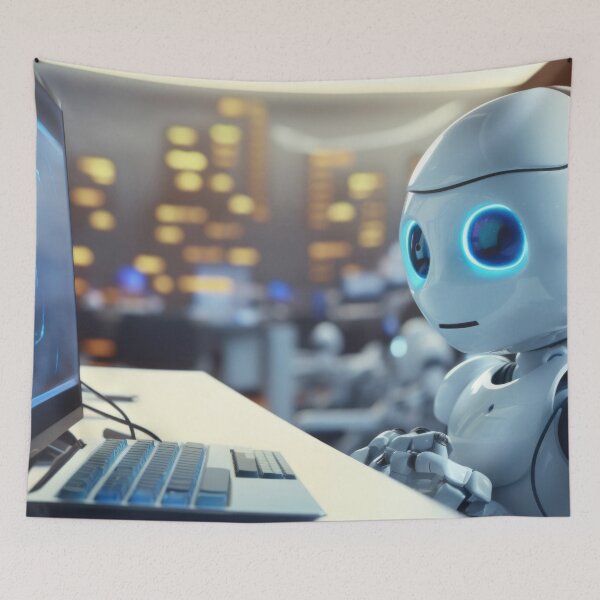 Item preview, Cute robot friendly digital assistant character with glowing blue lights, AI generated designed and sold by dvoevnore.
