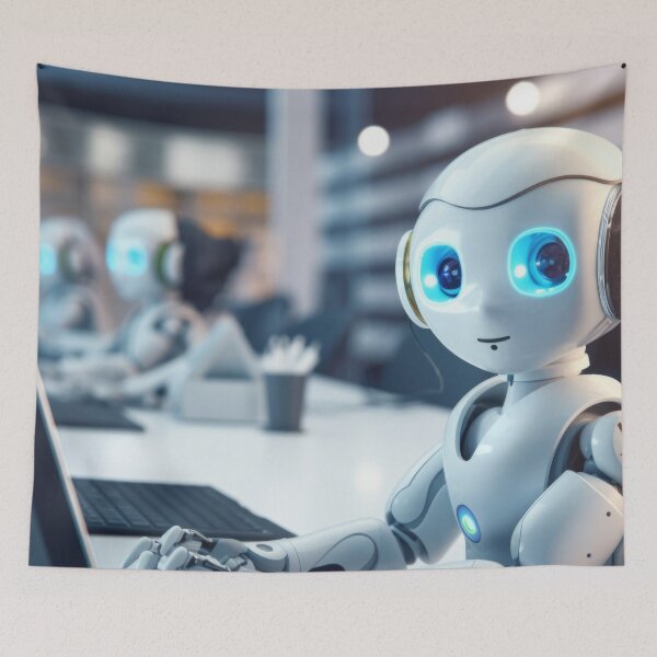 Item preview, Cute robot friendly digital assistant character with glowing blue lights, AI generated designed and sold by dvoevnore.