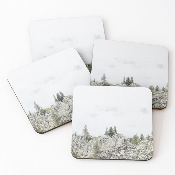 Item preview, Dolomites, Italy I Panoramic skyline view of Cinque Torri mountain ridge in the clouds and fir trees for a mysteriousminimalist misty Alps nature landscape with moody fine art photography aesthetic designed and sold by Julie Travel Photography.