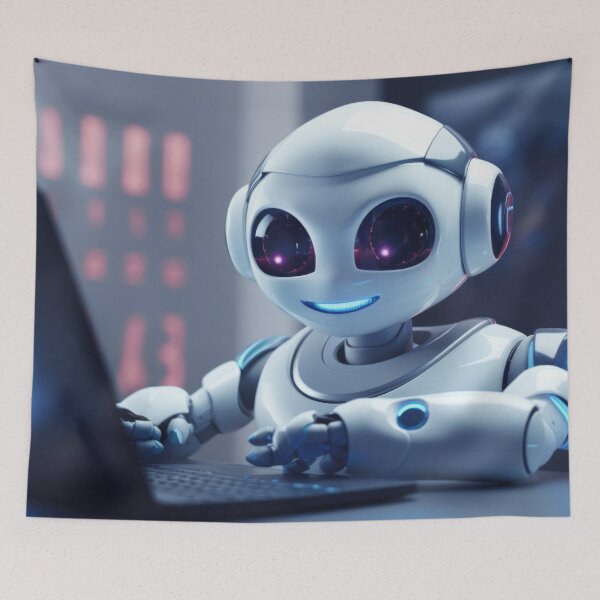 Item preview, Cute robot friendly digital assistant character with glowing blue lights, AI generated designed and sold by dvoevnore.