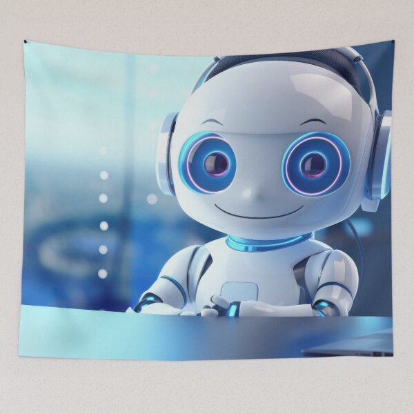 Item preview, Cute robot friendly digital assistant character with glowing blue lights, AI generated designed and sold by dvoevnore.