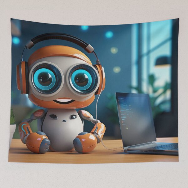 Item preview, Cute robot friendly digital assistant character with glowing blue lights, AI generated designed and sold by dvoevnore.