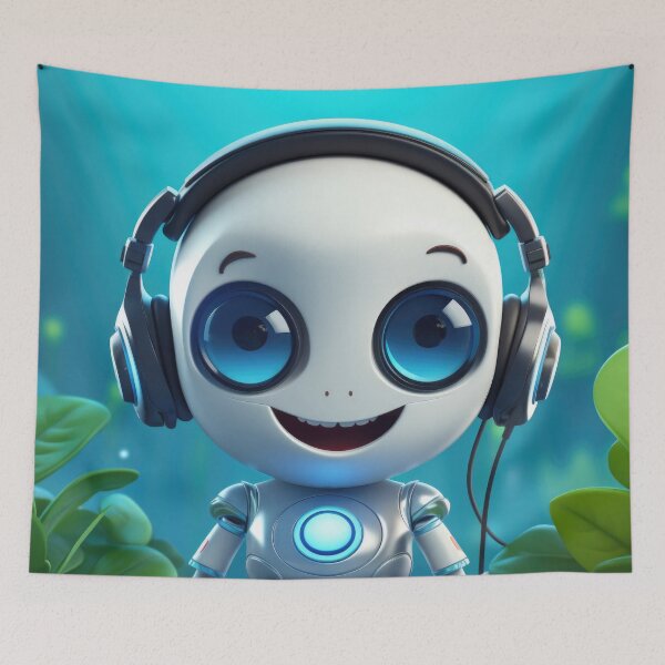 Item preview, Cute robot friendly digital assistant character with glowing blue lights, AI generated designed and sold by dvoevnore.