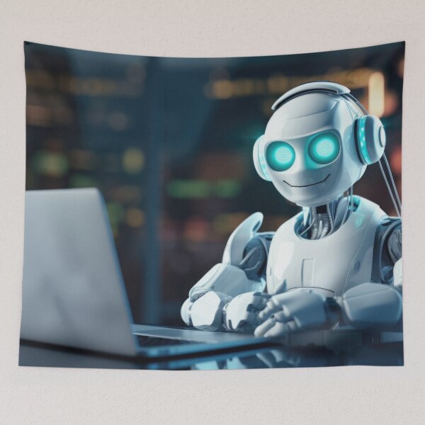 Item preview, Cute robot friendly digital assistant character with glowing blue lights, AI generated designed and sold by dvoevnore.