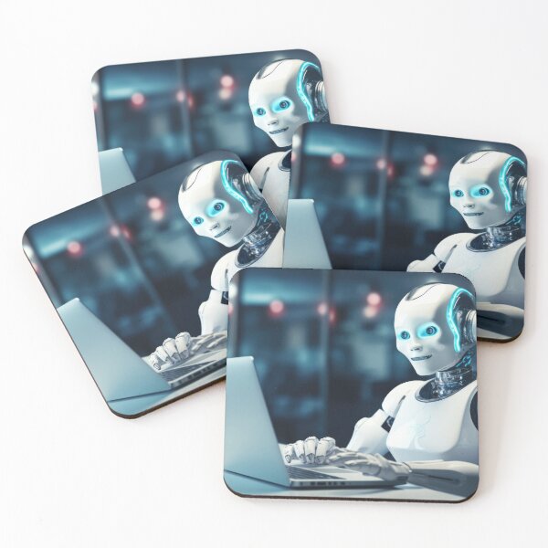 Item preview, Cute robot friendly digital assistant character with glowing blue lights, AI generated designed and sold by dvoevnore.