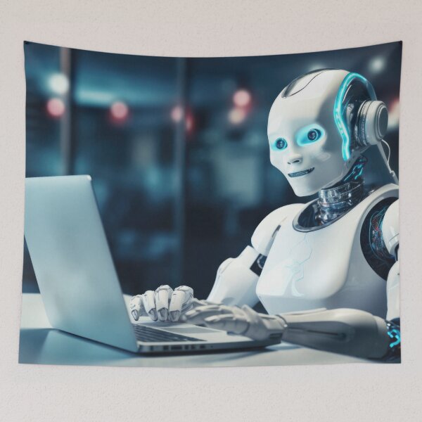 Item preview, Cute robot friendly digital assistant character with glowing blue lights, AI generated designed and sold by dvoevnore.