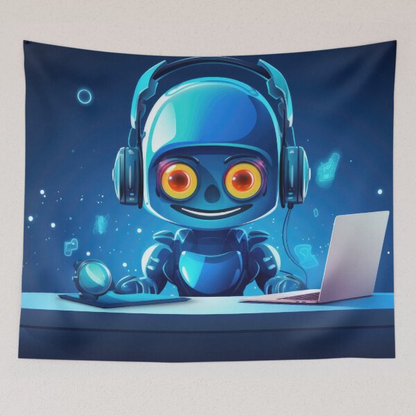 Item preview, Cute robot friendly digital assistant character with glowing blue lights, AI generated designed and sold by dvoevnore.