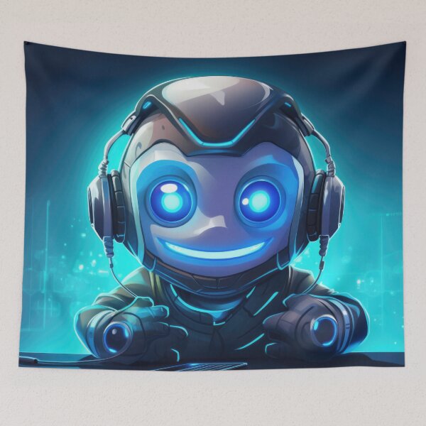 Item preview, Cute robot friendly digital assistant character with glowing blue lights, AI generated designed and sold by dvoevnore.