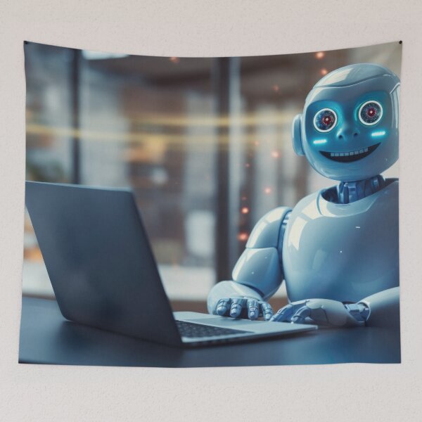 Item preview, Cute robot friendly digital assistant character with glowing blue lights, AI generated designed and sold by dvoevnore.