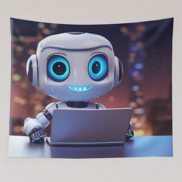 Item preview, Cute robot friendly digital assistant character with glowing blue lights, AI generated designed and sold by dvoevnore.