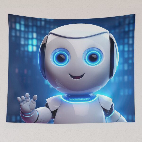Item preview, Cute robot friendly digital assistant character with glowing blue lights, AI generated designed and sold by dvoevnore.