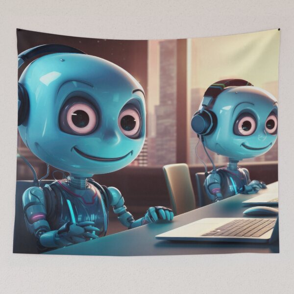 Item preview, Cute robot friendly digital assistant character with glowing blue lights, AI generated designed and sold by dvoevnore.