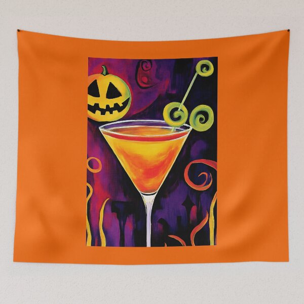 Item preview, Toast to Halloween Night with a Bright Cocktail and Grinning Jack-o-Lantern Dark Whimsical Background designed and sold by OlfactoART Studio.