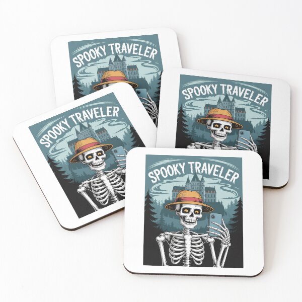 Item preview, Spooky Traveler – Funny skeleton on a journey in front of the haunted Bran Castle in Romania – Dracula's castle in vintage retro style designed and sold by pod24.