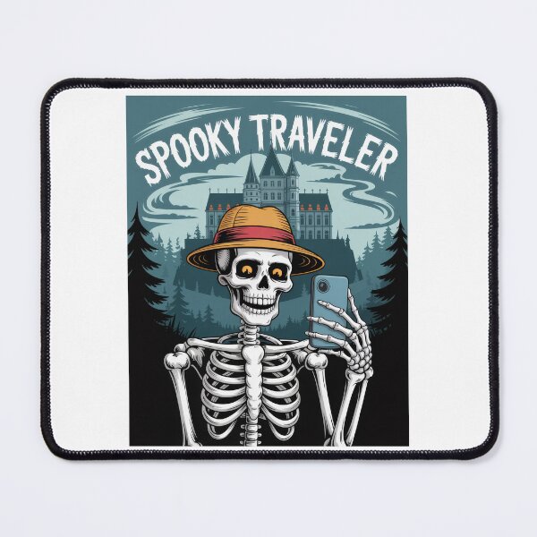 Item preview, Spooky Traveler – Funny skeleton on a journey in front of the haunted Bran Castle in Romania – Dracula's castle in vintage retro style designed and sold by pod24.
