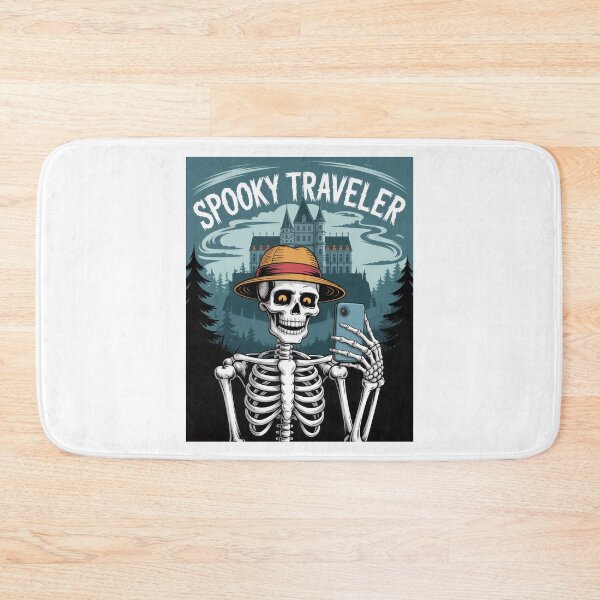 Item preview, Spooky Traveler – Funny skeleton on a journey in front of the haunted Bran Castle in Romania – Dracula's castle in vintage retro style designed and sold by pod24.