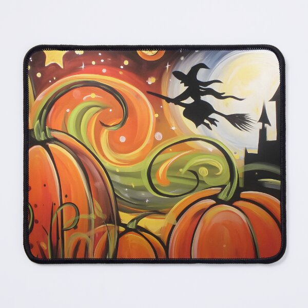 Item preview, Hocus Pocus: Witch Flies Past a Glowing Moon Above Magical Pumpkins Stars and a Mysterious Halloween Castle designed and sold by OlfactoART Studio.