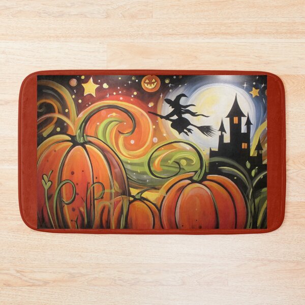 Item preview, Hocus Pocus: Witch Flies Past a Glowing Moon Above Magical Pumpkins Stars and a Mysterious Halloween Castle designed and sold by OlfactoART Studio.