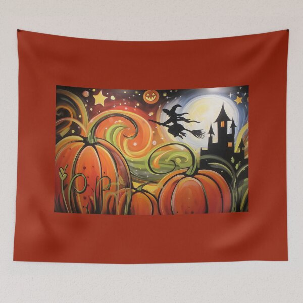Item preview, Hocus Pocus: Witch Flies Past a Glowing Moon Above Magical Pumpkins Stars and a Mysterious Halloween Castle designed and sold by OlfactoART Studio.