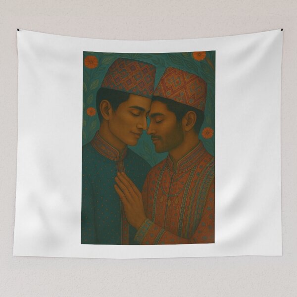 Item preview, Traditional Nepalese Gay Couple with Nepali Topi in Loving Embrace designed and sold by Aryabek.