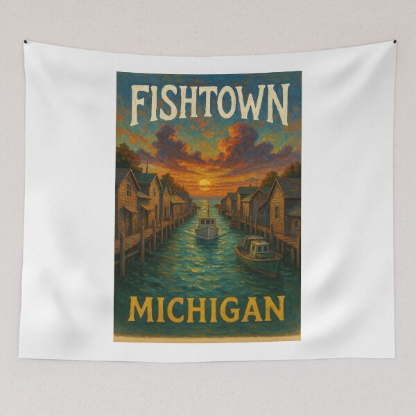Item preview, Golden Hour in Fishtown – Leland Michigan Harbor Scene designed and sold by Aryabek.