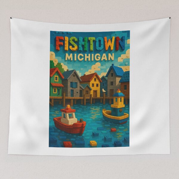 Item preview, Fishtown Michigan Sunset in Vibrant Lego Style designed and sold by Aryabek.