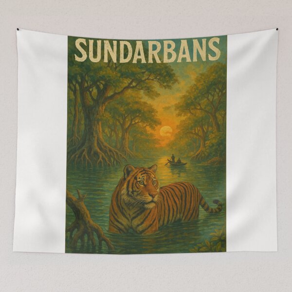 Item preview, Sunset in the Sundarbans with Tiger and Riverboat designed and sold by Places On Earth.