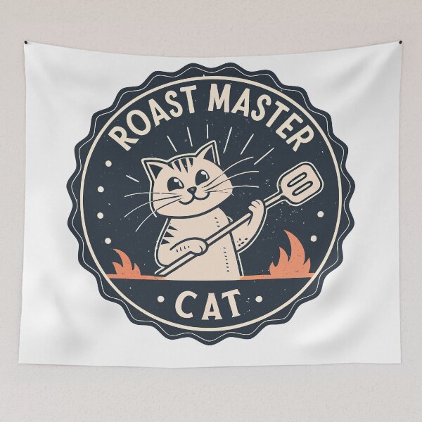 Item preview, Retro Badge Cat Design – “Roast Master Cat” with Marshmallow Fork, Distressed Monochrome Style designed and sold by VividOrganica.