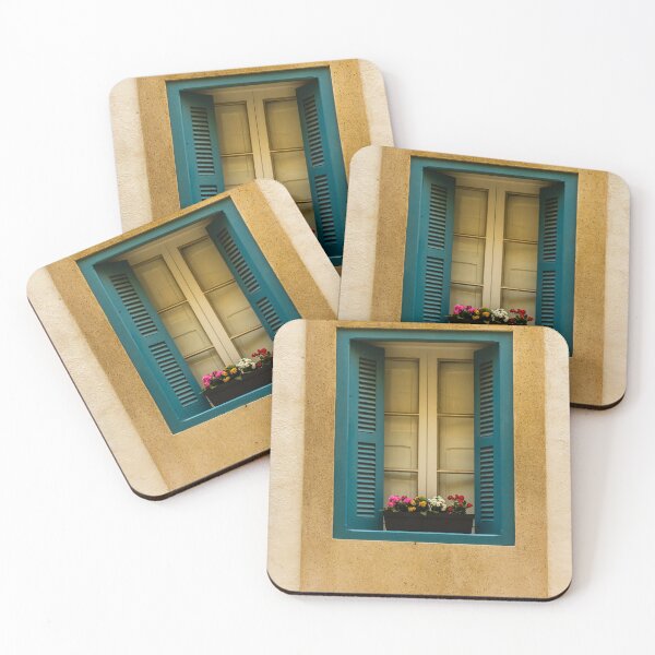 Item preview, Charming Window With Blue Shutters and Colorful Flowers in Urban Setting designed and sold by Nmallia.